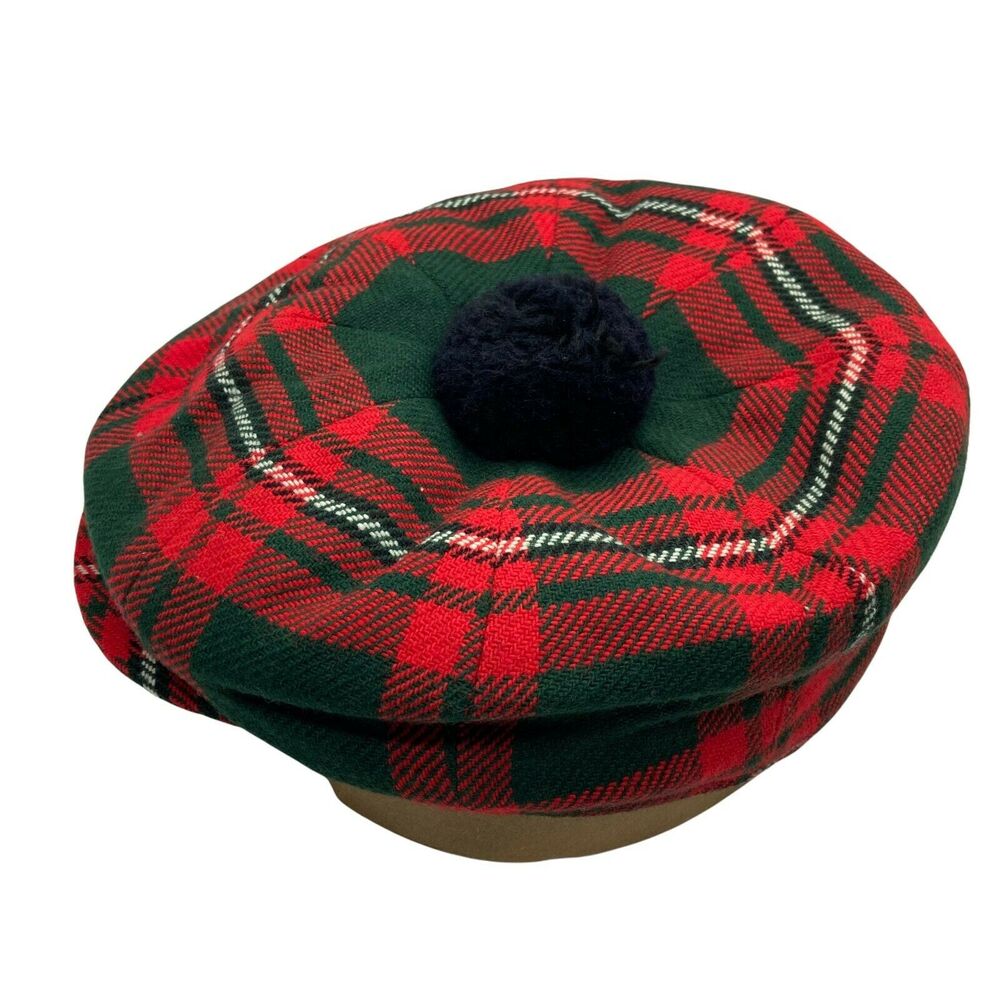 Beret Hat Golf Size 7 Vintage J.S. Wilson Red Green Plaid Fitted Tam O’ Shanter